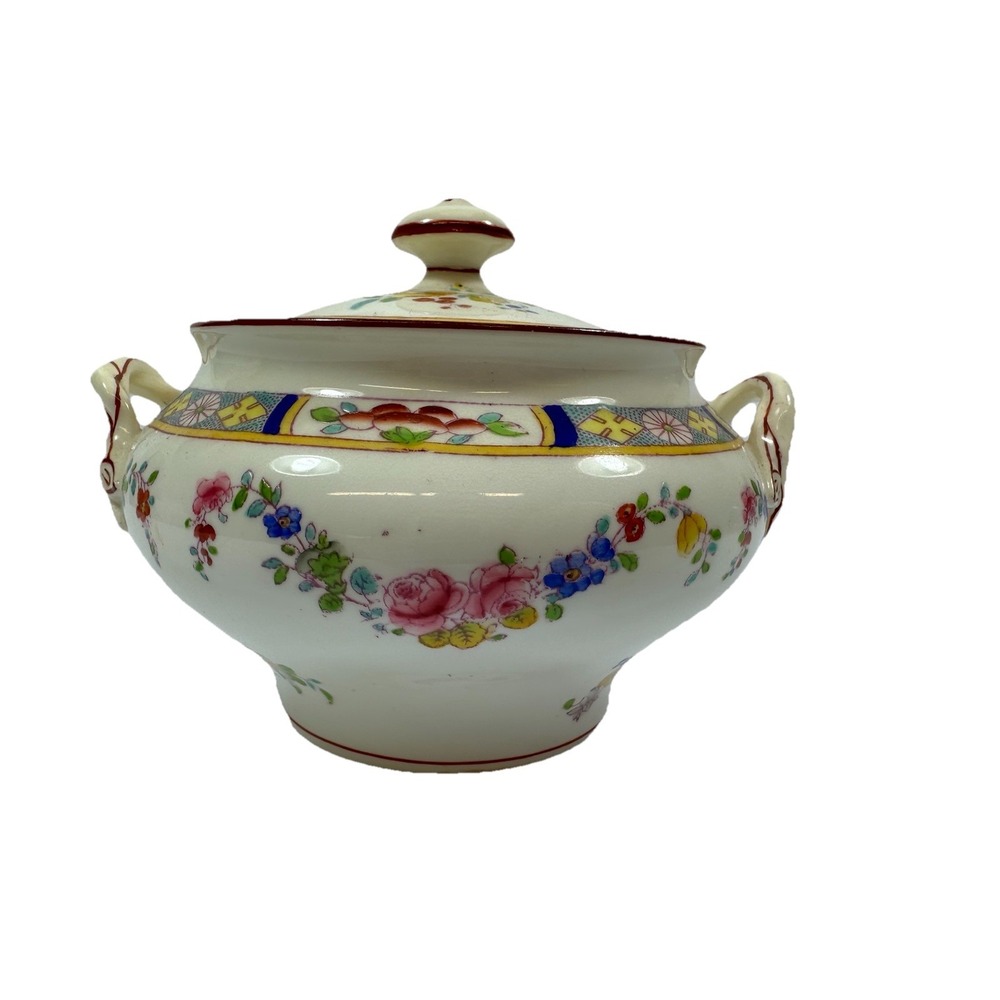 Mintons Rose Sugar Bowl & Lid England Globe Stamp Antique Edwardian Garland